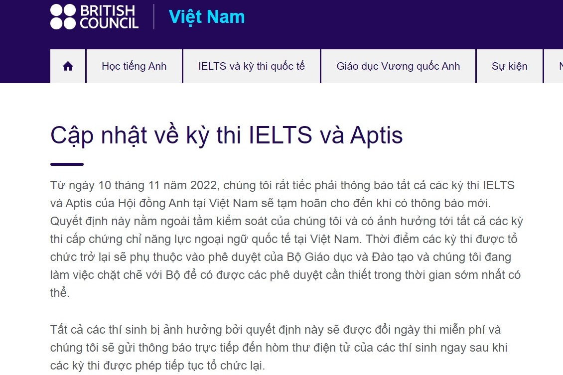 Hội đồng Anh thông báo tạm hoãn kỳ thi IELTS từ ngày 10/11