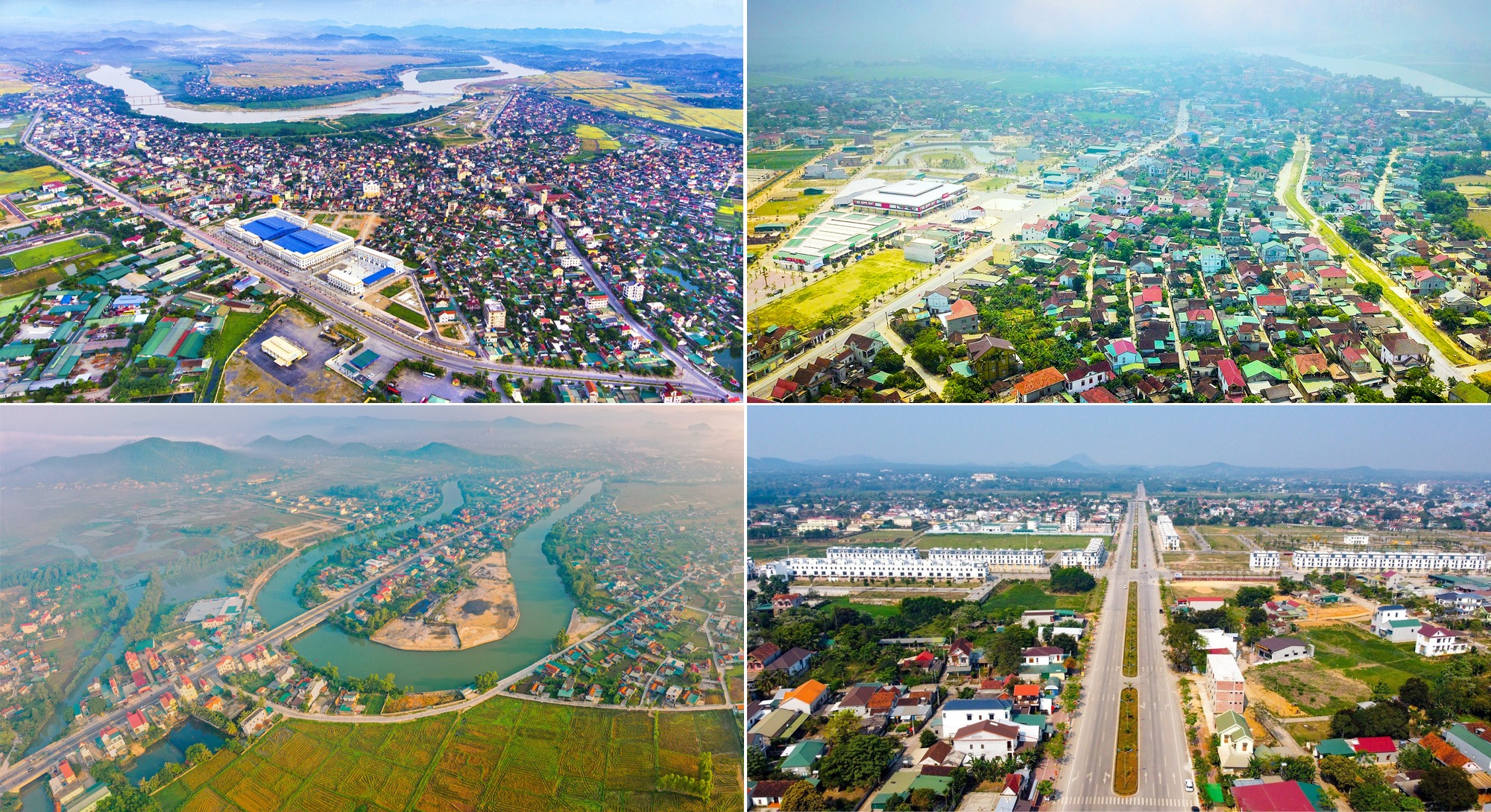 Toàn cảnh thị trấn Nam Đàn, thị trấn Đô Lương, thị xã Hoàng Mai và thị xã Thái Hòa. Ảnh: Quang Dũng - Sách Nguyễn - Hồ Long - Thành Cường