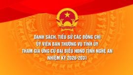 Danh sách các đồng chí Ủy viên Ban Thường vụ Tỉnh ủy tham gia ứng cử Đại biểu HĐND tỉnh Nghệ An nhiệm kỳ 2026-2031