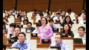 Đại biểu Thái Thị An Chung - Ủy viên Ban Chấp hành Đảng bộ tỉnh, Phó Trưởng đoàn chuyên trách Đoàn ĐBQH tỉnh Nghệ An phát biểu thảo luận về dự án Luật Thực hiện dân chủ cơ sở.