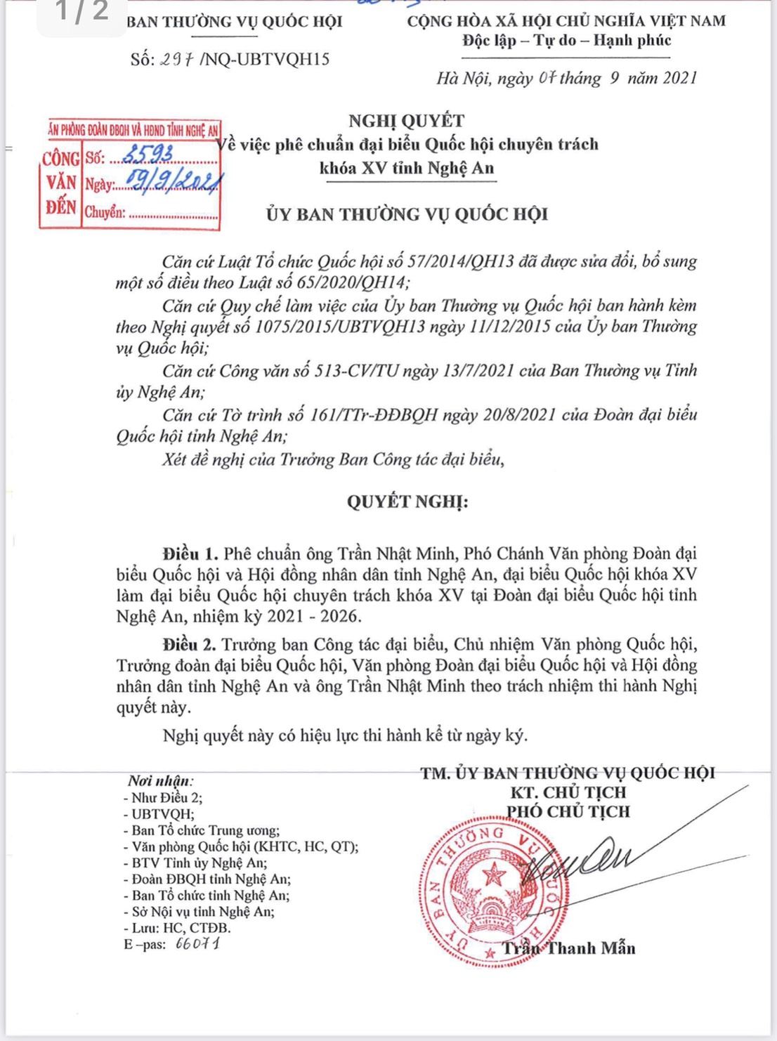Nghị quyết phê chuẩn đại biểu Quốc hội chuyên trách khóa XV tỉnh Nghệ An